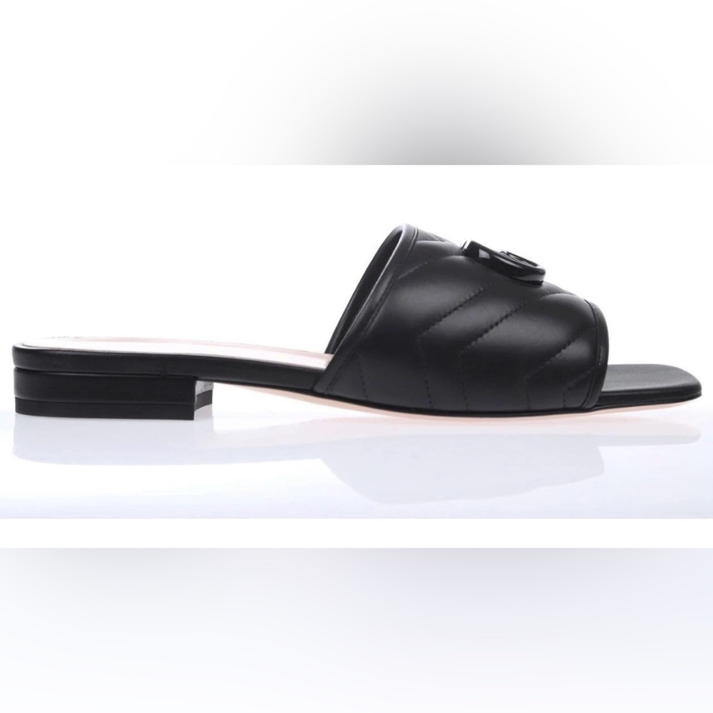 NEW GUCCI DOUBLE G BLACK CHEVRON MATELASSE LEATHER SLIDE SANDALS SHOES 36/US 6 - Picture 3 of 5